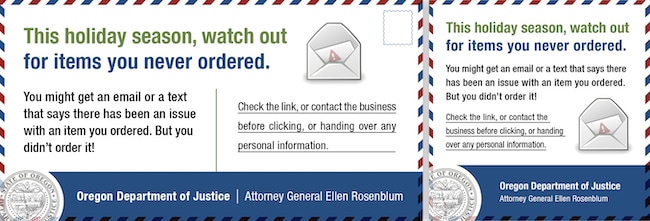 Social media graphics warning of order confirmation email scams around the holidays