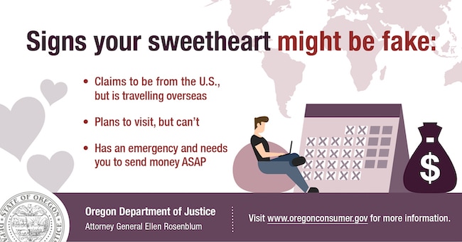 Social media graphic warning of Sweetheart scams around Valentines Day