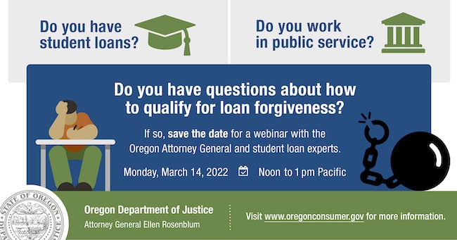 Social media graphic announcing a webinar about loan forgiveness for students and public servants